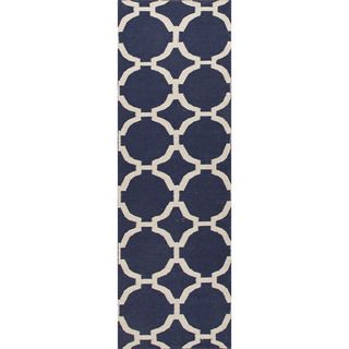 Handmade Flat Weave Geometric Pattern Reversible Blue Rug (26 X 8)