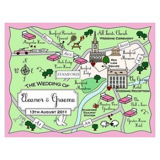 full colour wedding or party map illustration by cute maps