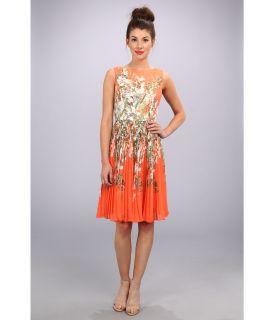 Adrianna Papell Classic Pleated Floral Print Dress Coral Multi