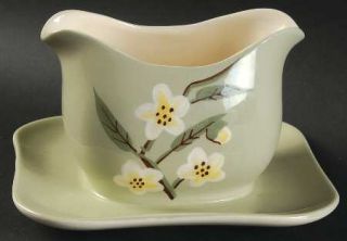 Weil Ware Blossom Celadon Gravy Boat with Attached Underplate, Fine China Dinner