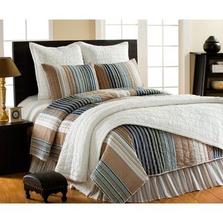 Cottage Home William Striped 3 piece Quilt Set Blue Size Full  Queen