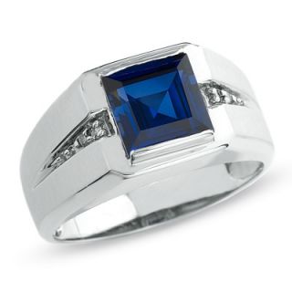 Mens Lab Created Sapphire Ring in 10K White Gold with Diamond Accents
