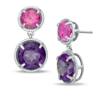 Amethyst and Lab Created Pink Sapphire Drop Earrings in Sterling