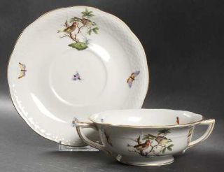 Herend Rothschild Bird (Ro) Footed Cream Soup Bowl & Saucer Set, Fine China Dinn