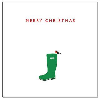 'robin on green wellie' xmas card by loveday designs