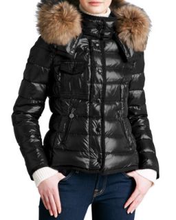 Womens Short Puffer Jacket with Fur Trimmed Hood   Moncler