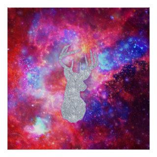 Galaxy Nebula Glitter Deer Head Pink Space Poster