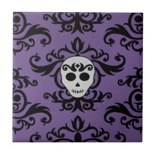 Cute gothic glam girly skull damask black purple ceramic tiles