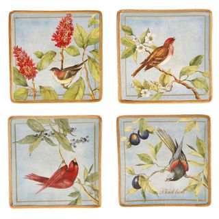 Certified International 4 piece Botanical Birds Ceramic Canape Plate
