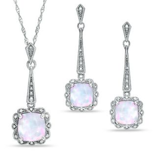 Cushion Cut Lab Created Opal Vintage Style Pendant and Earrings Set in