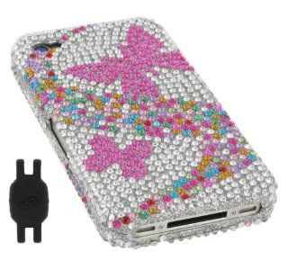 Magenta Butterfly Design Full Rhinestones Snap On Hard Case for Apple iPhone 4 4th Generation with Shoe Silicone Pouch for Nike+ iPod Sensor, Fits AT&T and Verizon Cell Phones & Accessories