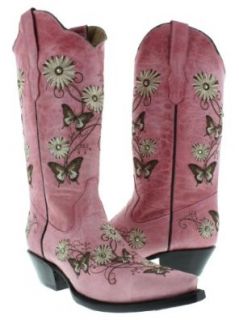 Cowboy Professional   Womens Butterfly And Flower embroidered Genuine Leather Cowboy Boots with Snip Toe Shoes
