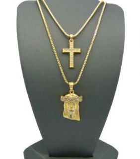 2 Piece Cross & Jesus Gold Tone Micro Pendant Set w/ Box Chain RC199G Clothing