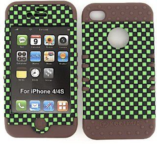 Cell Phone Skin Case Cover For Apple Iphone 4 4s Green Black Checkers    Brown Rubber Skin + Hard Case Cell Phones & Accessories