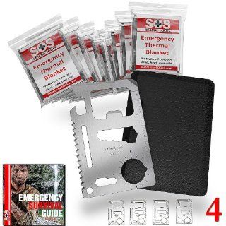 Credit Card Survival Tools   11 in 1 Credit Card Tool (4 PACK)   The Ultimate Survival Tool Making it an Integral Part of Your Survival Gear. This SOS Rescue Tools Multi Tool Comes with 8 Emergency Mylar Blankets   100% Money Back Guarantee  Sports & 