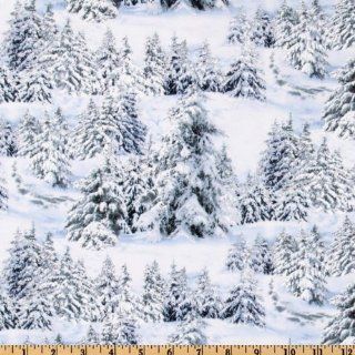 44'' Wide North American Wildlife Pine Trees White Fabric By The Yard
