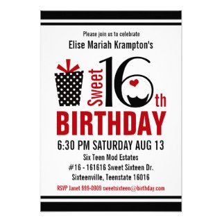 Cute Cupcake Black and Red Sweet 16 Birthday Announcement