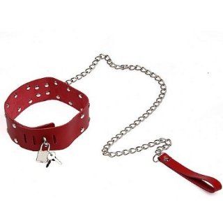 Leather Locking Rivet Neck Harness Bondage Kits Collar Restraint with Chain Leash J1281 (Red) Health & Personal Care