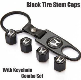 Honda Black Tire Stem Valve Caps and Black Keychain Combo Set Automotive