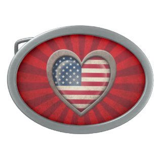 Aged American Flag Heart with Light Rays Belt Buckle
