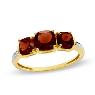 Cushion Cut Garnet Three Stone Ring in 10K Gold with Diamond Accents