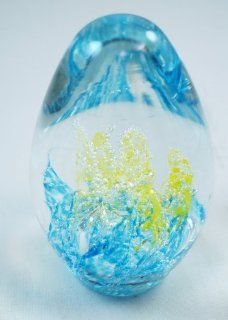 Murano Design Bubbling Blue and Yellow Coral in Egg Paperweight PW 633   Paper Weights