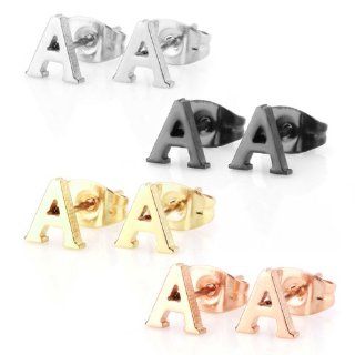 Assorted Colors Stainless Steel Alphabet Letter Initial Stud Earrings, Yellow Gold, Rose Gold, Black Plated, Hypoallergenic (Letter A x 4 Pairs) Jewelry