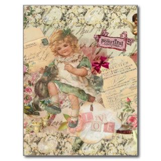 Vintage cute chic Victorian girl cat & pink floral Postcard
