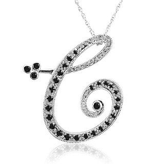 14k White Gold Alphabet Initial Letter C Black Diamond Pendant Necklace 0.18 carat Jewelry