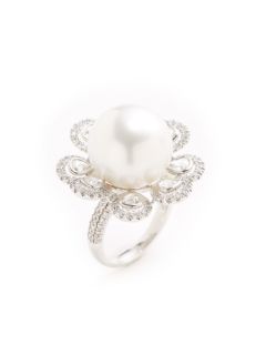 White South Sea Pearl & Diamond Flower Ring by Tara Pearls
