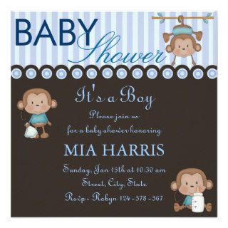 Blue Monkey Design Baby Shower Invitation