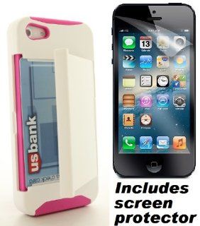 White Hot Pink Hard Soft Combo Dual Layer Hybrid Credit Card Holder Apple iPhone 5 Cover Case w/ Screen Protector Cell Phones & Accessories