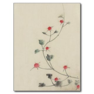 Vintage Japanese Hokusai Red Blossoms on Vine Post Card