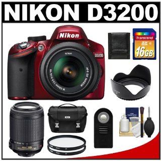 Nikon D3200 Digital SLR Camera & 18 55mm G VR DX AF S Zoom Lens (Red) with 55 200mm VR Lens + 16GB Card + Case + Filters + Remote + Accessory Kit  Digital Slr Camera Bundles  Camera & Photo