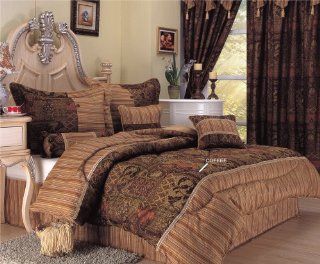 7 Pieces Coffee Jacquard Floral+stripe Comforter Set bed in a bag King bed  