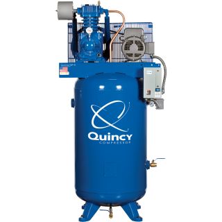 Quincy QP Pressure Lubricated Reciprocating Compressor — 5 HP, 230 Volt, 1 Phase, 80 Gallon Vertical, Model# 351CS80VCB  19 CFM   Below Air Compressors