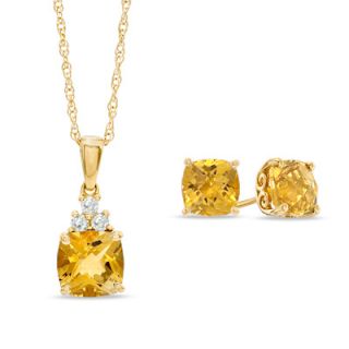 Cushion Cut Citrine and Lab Created White Sapphire Pendant and