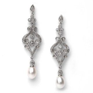 USABride Silver Vintage Chandelier Earrings with Ivory Pearl Drop 685 Dangle Earrings Jewelry