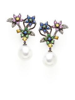 White Pearl & Multicolor Sapphire Flower Earrings by Tara Pearls