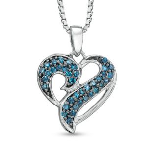 CT. T.W. Enhanced Blue Diamond Heart Ribbon Pendant in Sterling