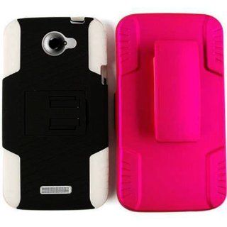 DOUBLE KICKSTAND + HOLSTER CASE FOR HTC ONE X S720E WHITE SKIN BLACK SNAP PINK HOLSTER Cell Phones & Accessories