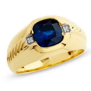 Mens Lab Created Sapphire Ring in 10K Gold with Diamond Accents