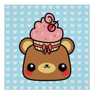 Adorable Cartoon Kawaii Bear Cupcake Poster