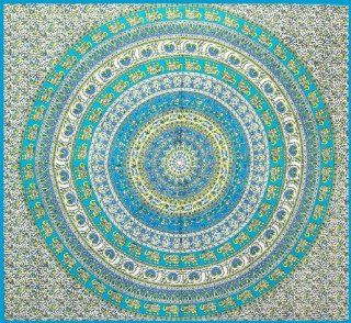 Turquoise & Yellow Elephant Circle Indian Tapestry   Mandala Wall Hanging for Dorms  