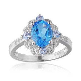 Oval Swiss Blue Topaz, White Topaz and Aquamarine Ring in Sterling