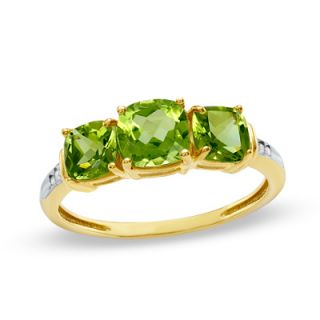 Cushion Cut Peridot Three Stone Ring in 10K Gold with Diamond Accents
