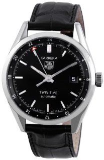 TAG Heuer Men's WV2115.FC6180 Carerra Calibre 7 Twin Time Automatic Black Dial Black Crocodile Watch Tag Heuer Watches