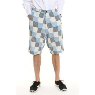 Mens White And Blue Gingham Patchwork Shorts