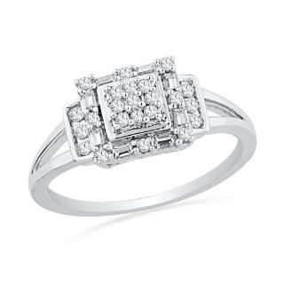 10KT White Gold Baguette and Round Diamond Square Fashion Ring (1/4 Cttw) Right Hand Rings Jewelry