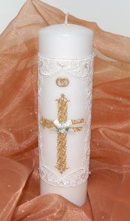 Wedding Unity Candle ~ White with Gold Cross  